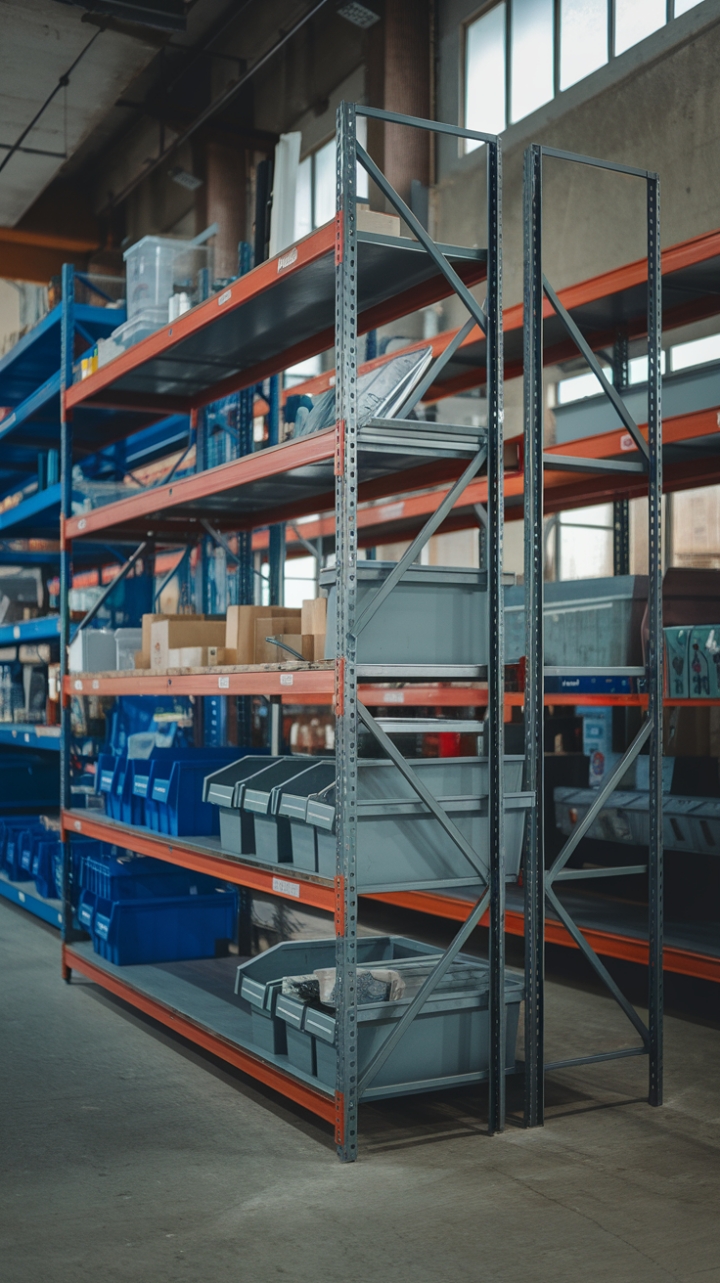 Ready to transform your space with raw, industrial chic? This multi-tiered steel shelving unit, captured in a sun-drenched warehouse setting, isn't just storage—it's a statement. Note the perfectly imperfect patina of the metal, the way the light catches the stacked boxes and vintage ladder. It's functional artistry at its finest.