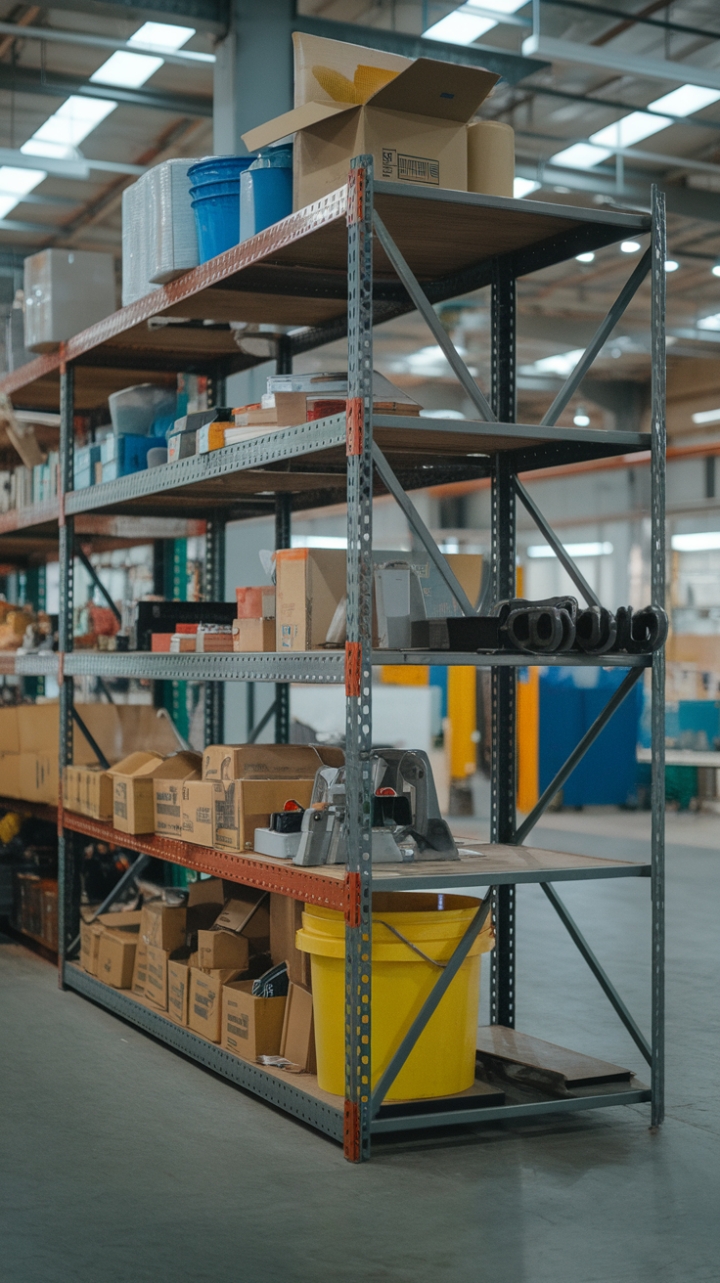 Raw industrial chic meets practical storage. This multi-tiered steel shelving unit, brimming with vintage finds and workaday tools, transforms a warehouse space into a captivating blend of function and style. The pops of color, like that sunny yellow bucket, add unexpected personality to this otherwise utilitarian scene.
