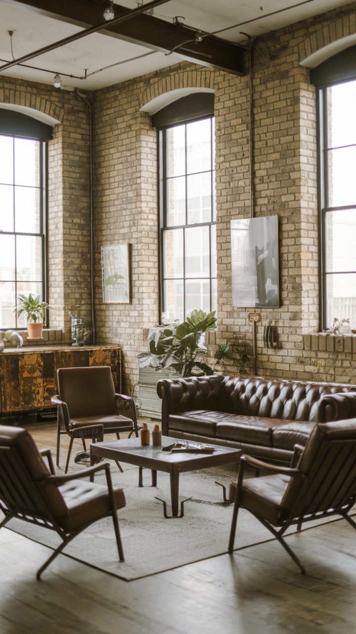 This isn't just a living room; it's a statement. A symphony of raw materials and reclaimed textures plays out against the backdrop of exposed brick, creating an industrial chic haven that's both bold and inviting. The minimalist furniture arrangement allows each piece—from the vintage sofa to the sculptural coffee table—to shine, showcasing the beauty of imperfection and the power of curated simplicity.