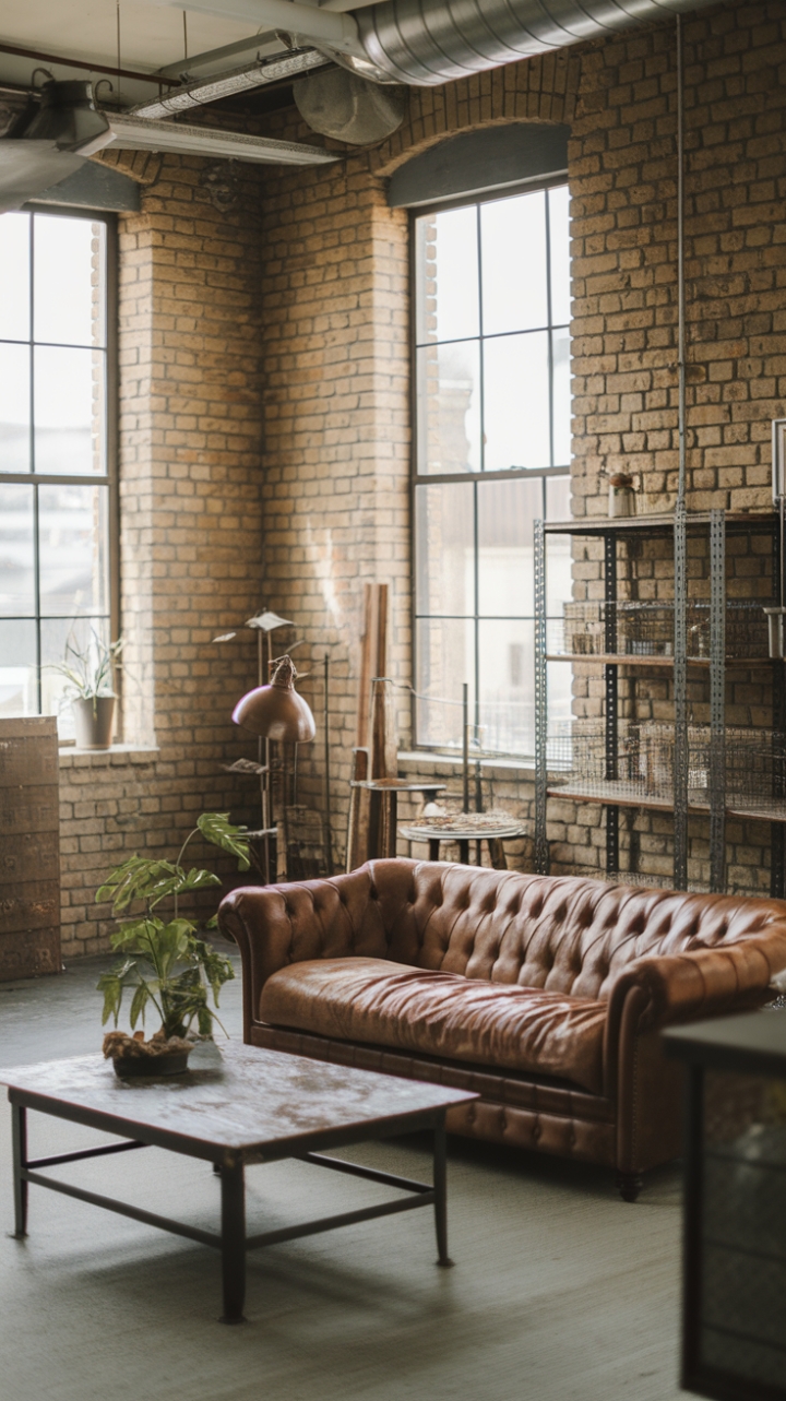 Raw urban grit meets refined industrial style in this breathtaking loft living room. Exposed brick whispers tales of the building's past, while a vintage sofa and distressed coffee table add layers of lived-in charm. Metal accents punctuate the space with a touch of cool, creating a minimalist haven that's both edgy and inviting.