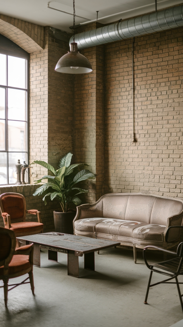 Ready to fall for raw, industrial charm? A vintage sofa, softened by a lush potted plant, anchors this minimalist living room. Exposed brick, metal accents, and a rustic coffee table create an urban loft vibe that's both edgy and inviting.