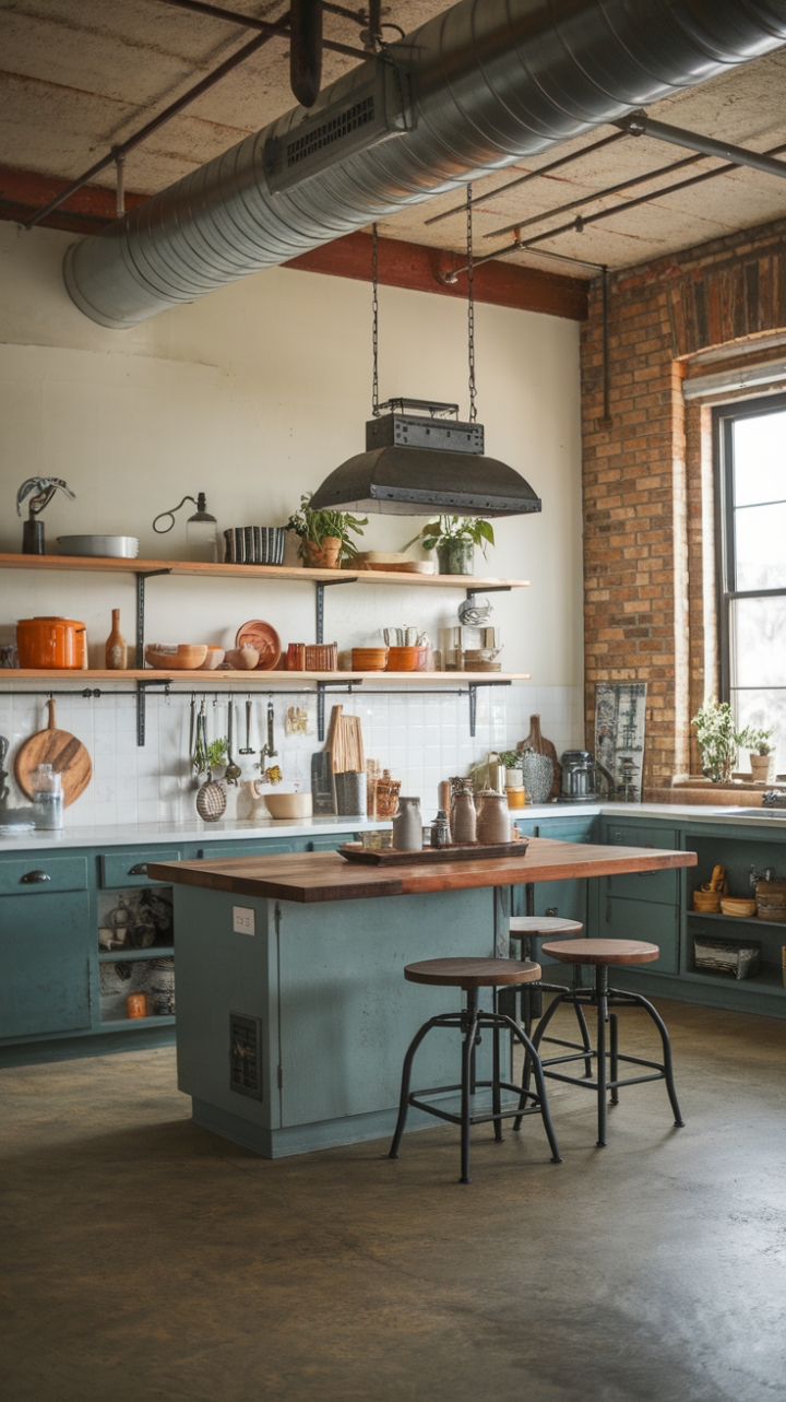 Ready to fall in love with a kitchen that seamlessly blends rustic charm and industrial edge? Exposed brick whispers stories of the past, while a substantial wooden island anchors the space with modern functionality. Metal accents add a touch of grit, perfectly complemented by the warmth of open shelving brimming with culinary treasures and vibrant greenery. The high ceilings and concrete floors only enhance the raw, inviting atmosphere.