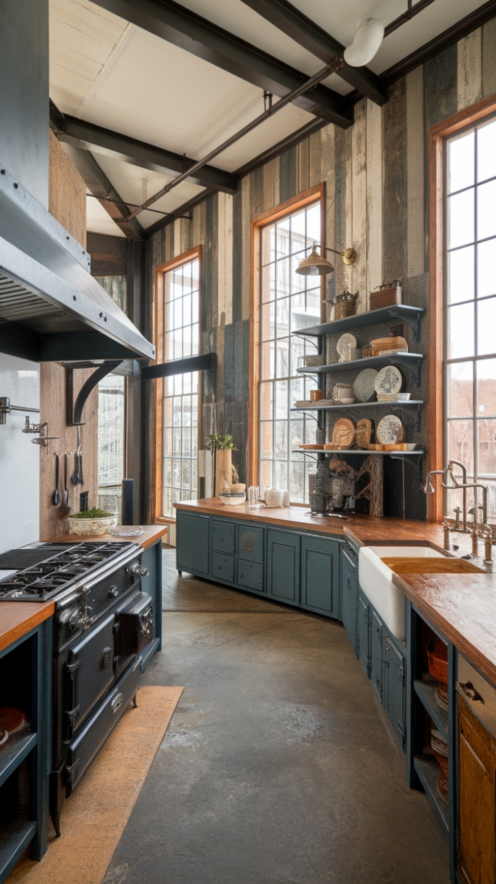 Rustic charm meets industrial edge in this breathtaking kitchen. Exposed beams and reclaimed wood walls create a warm, inviting atmosphere, while a vintage stove and metal accents add a touch of urban grit. The high ceilings and large windows flood the space with natural light, highlighting the beautiful wood countertops and concrete floors. A curated collection of vintage dishes on open shelving completes the look, showcasing a unique blend of farmhouse and industrial styles.