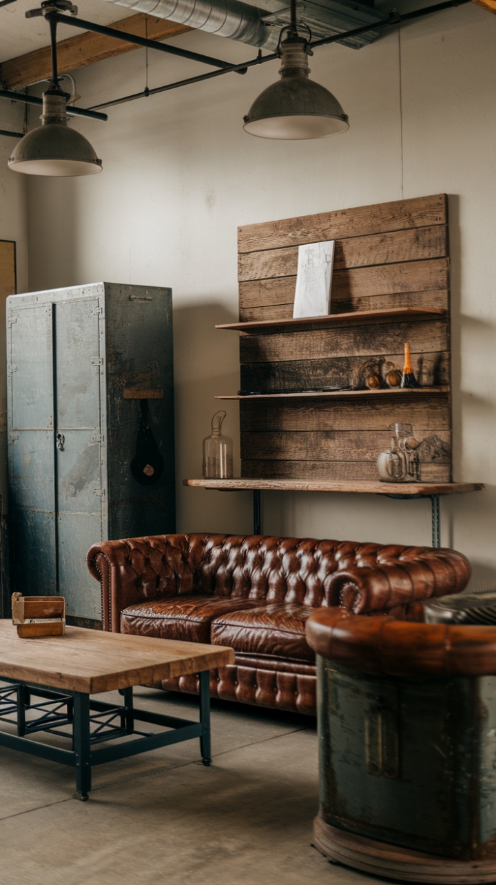Craving a haven that's as tough as it is stylish? This industrial-chic man cave is your answer. A worn leather sofa invites relaxation, while a sturdy wooden coffee table and vintage metal cabinet add character. The concrete floor and industrial lighting create a raw, authentic feel, perfectly balanced by the warmth of the rustic wooden shelf and its intriguing contents. It's a space where comfort meets cool.