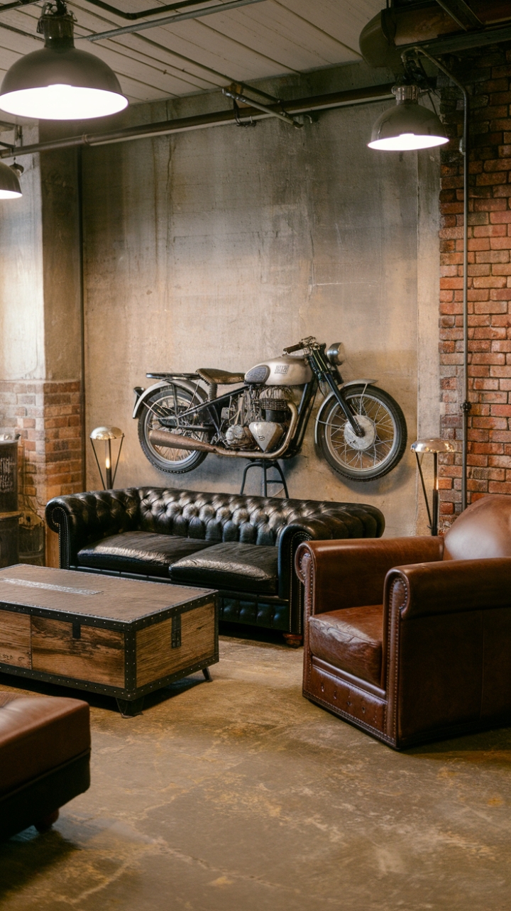 Ready to unleash your inner biker? This man cave blends rugged industrial style with rustic charm. A vintage motorcycle takes center stage, while a black leather sofa and brown leather armchair invite you to relax. The concrete floors, exposed brick, and metal-topped coffee table add to the authentic vibe, creating a space that's both masculine and inviting.