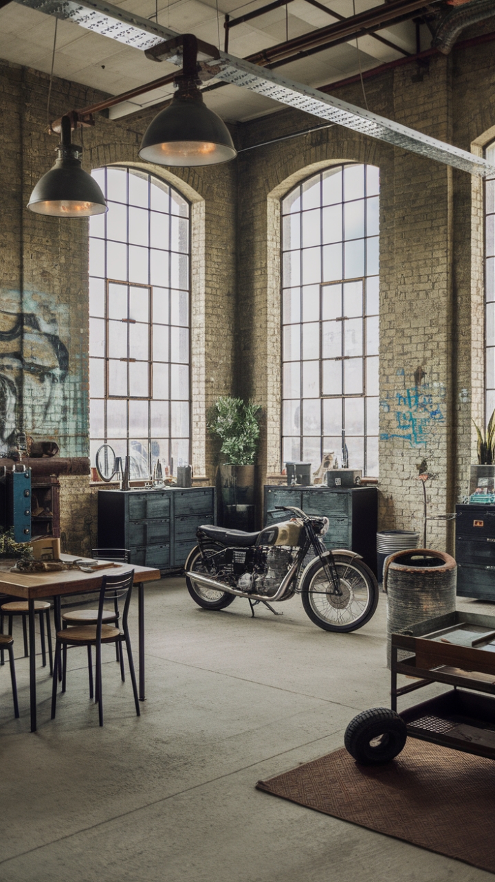 Raw, refined, and undeniably cool. This industrial man cave boasts exposed brick, soaring ceilings, and a vintage motorcycle that's more art than artifact. The concrete floor, rustic wood furniture, and playful graffiti create a space that's both rugged and refined, a testament to masculine style with a touch of unexpected charm.