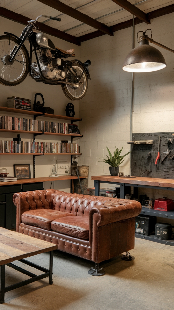 Escape to a sanctuary of raw, refined style. This industrial-chic man cave boasts a vintage motorcycle suspended from the ceiling, a rugged leather sofa, and a thoughtfully curated bookshelf. The juxtaposition of rustic wood and sleek metal creates a space that's both powerful and inviting—the perfect blend of comfort and cool.