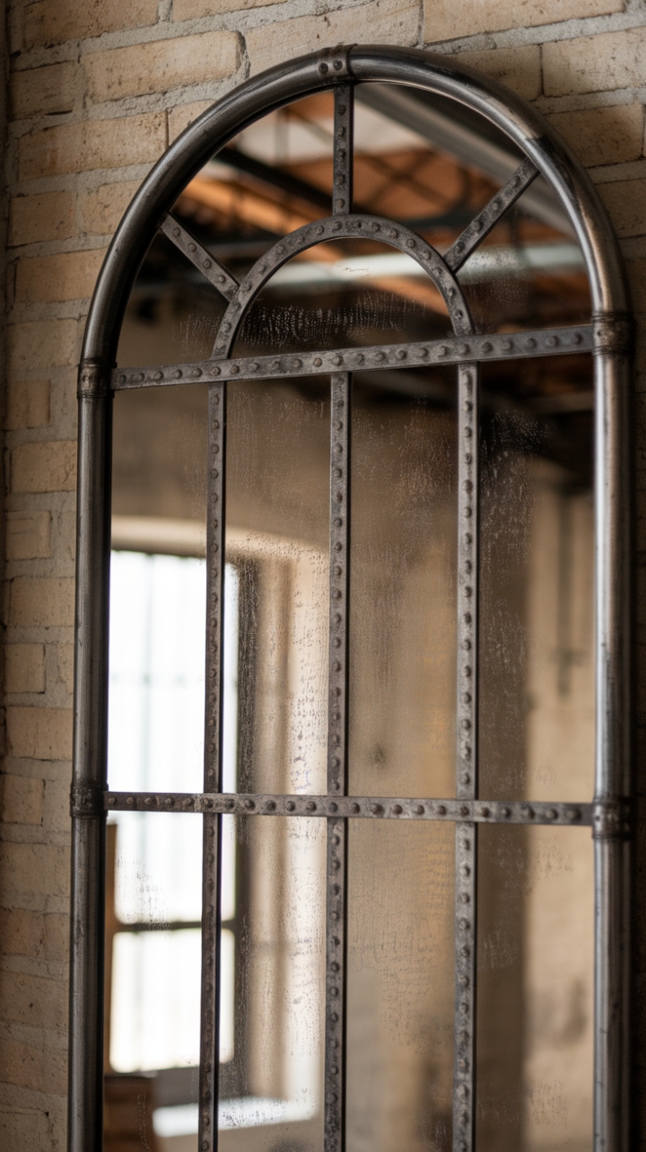 Imagine this stunning vintage mirror reflecting the warm glow of your living room, its weathered metal frame a captivating contrast to the sleek lines of your modern furniture. The minimalist design makes it a statement piece without overwhelming your space, perfectly complementing a loft, rustic, or even a subtly industrial aesthetic.