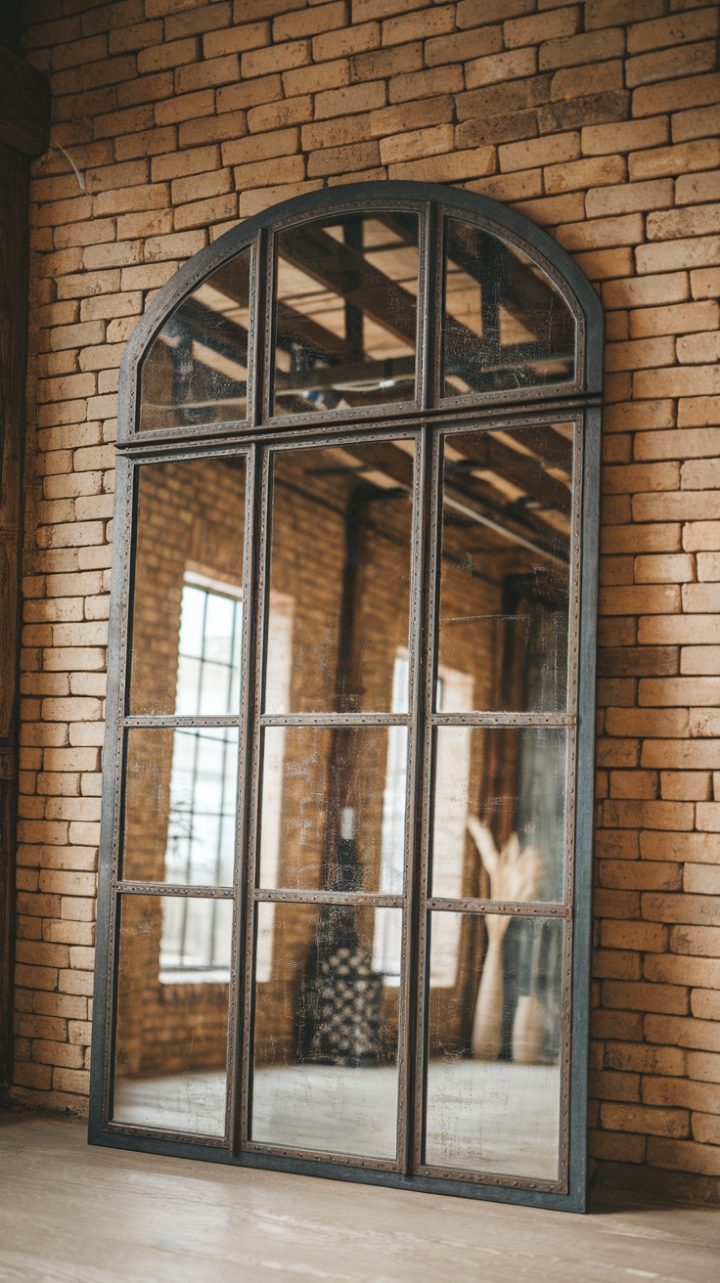 Ready to add a touch of raw, industrial chic to your space? This vintage mirror, with its distressed metal frame and warehouse-style design, is the perfect blend of rustic charm and modern edge. The weathered finish adds character, while its placement against exposed brick and wooden beams creates a captivating focal point in any loft or industrial-inspired room.
