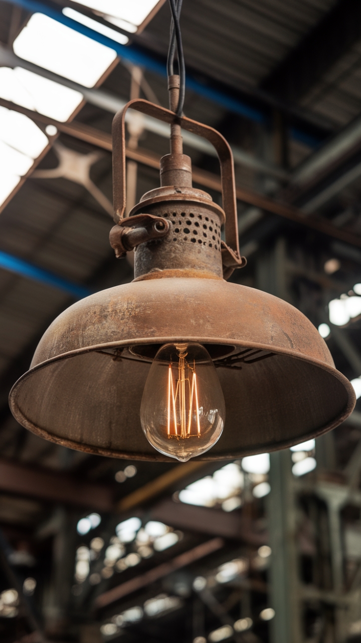 Raw, honest, and undeniably cool. This vintage industrial lamp, suspended from a high warehouse ceiling, is more than just a light fixture; it's a statement piece. Its worn patina and exposed bulb speak volumes about character and enduring style, perfectly complementing the gritty beauty of its industrial surroundings.