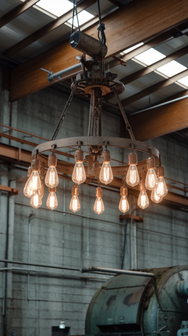 Raw industrial chic meets warehouse warmth. This stunning metal fixture, a constellation of exposed bulbs, casts a dramatic glow against the grey concrete and aged wood, transforming a utilitarian space into a breathtakingly stylish haven. The heavy machinery in the background only adds to the captivating blend of textures and eras.