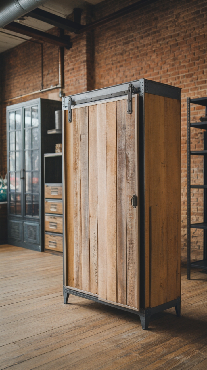 Ready to revamp your storage with a touch of industrial chic? This vintage wardrobe, crafted from reclaimed wood and boasting a sturdy steel frame, is the perfect blend of rustic charm and factory-style functionality. Its sliding door and sleek handle add a touch of modern elegance, while the exposed brick backdrop and warm wooden floors create a truly captivating loft aesthetic.