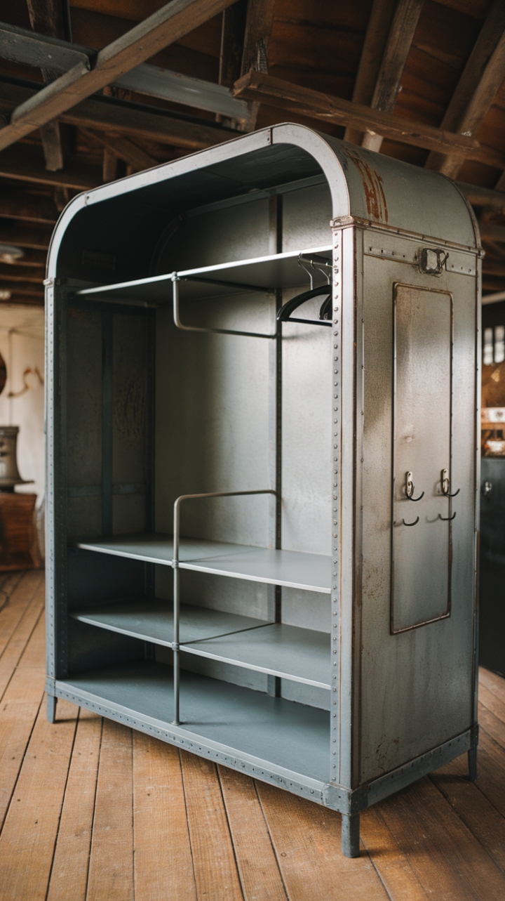 Ready to rediscover the romance of industrial chic? This vintage metal wardrobe, a testament to enduring style, boasts ample storage with its shelves, hanging rods, and handy side hooks. Imagine it anchoring your loft space, its rustic charm perfectly complementing the warm wood floors. The glimpse of the surrounding décor hints at a space brimming with personality.