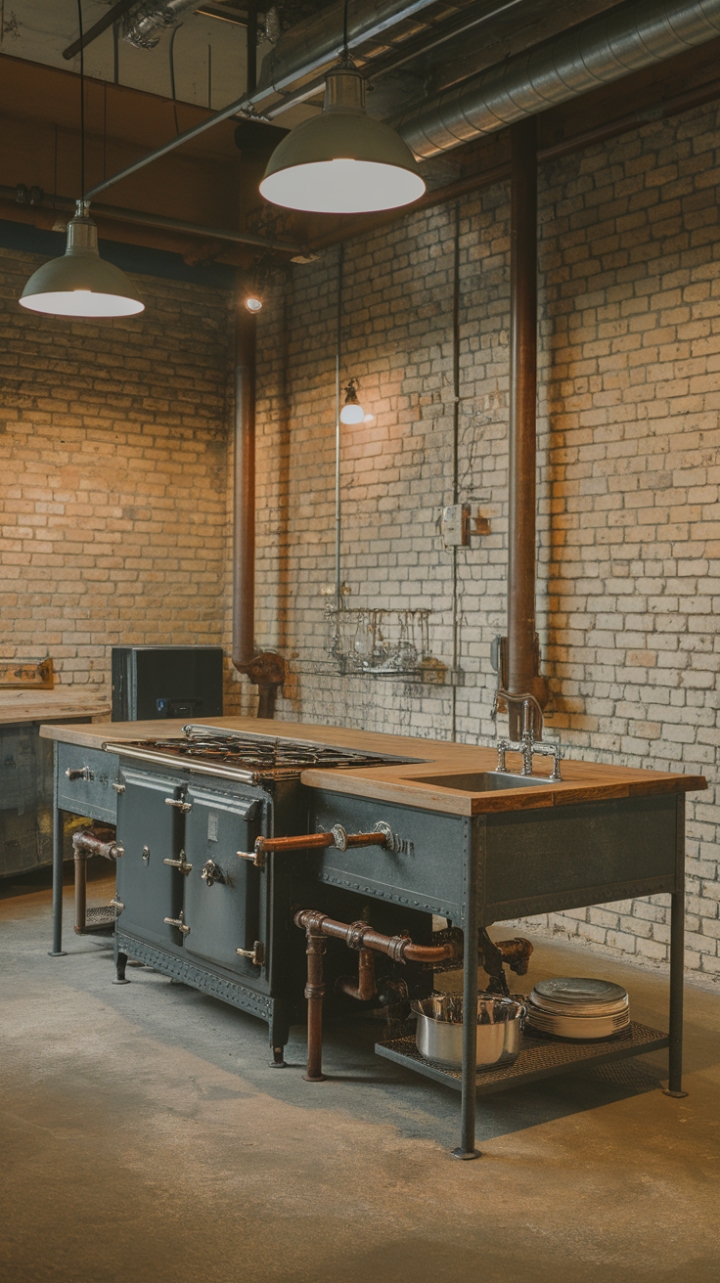 Imagine yourself cooking up a storm in this breathtaking space! A vintage stove and sink are nestled into a stunning steel kitchen island, its reclaimed wood top a testament to enduring style. Exposed pipes add an authentic industrial touch, all set against a backdrop of exposed brick and concrete. The lighting is simply perfect.
