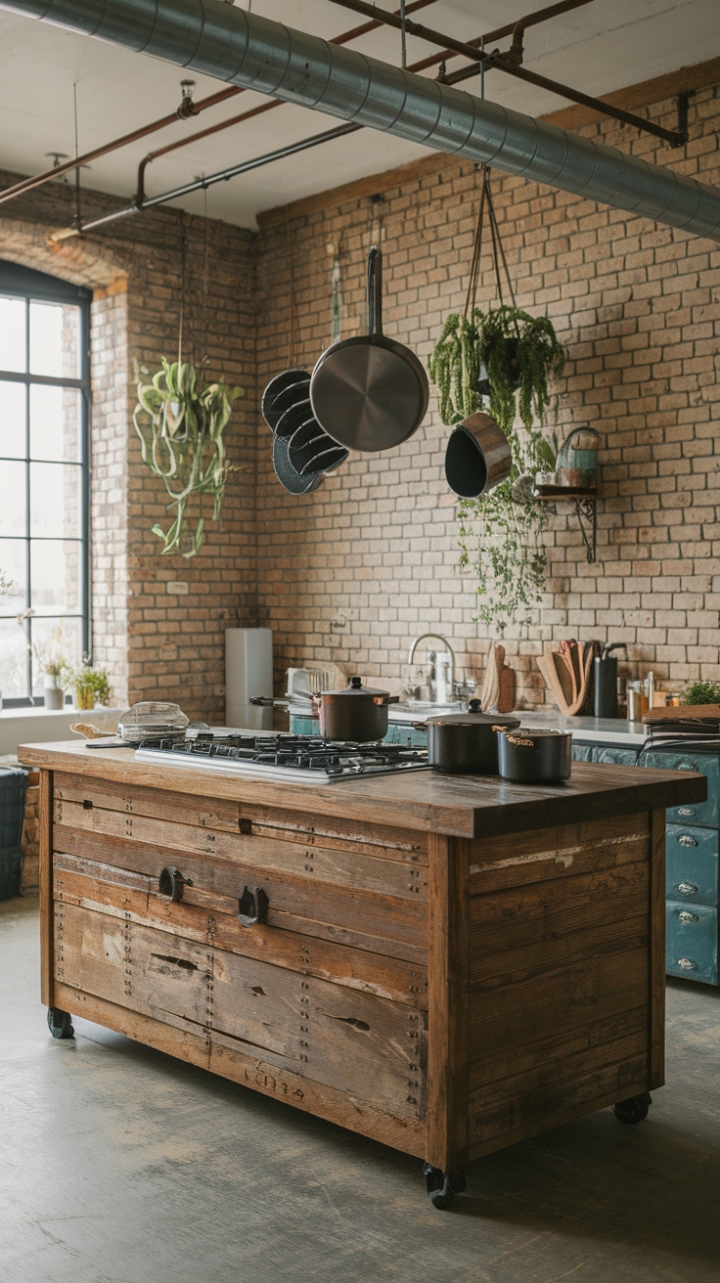 Imagine yourself cooking up a storm in this dream kitchen! A massive reclaimed wood island, its surface etched with stories of meals past, takes center stage. The exposed brick walls and industrial pipes add a touch of urban grit, perfectly balanced by the lush greenery and the comforting warmth of the wood. This isn't just a kitchen; it's a statement.