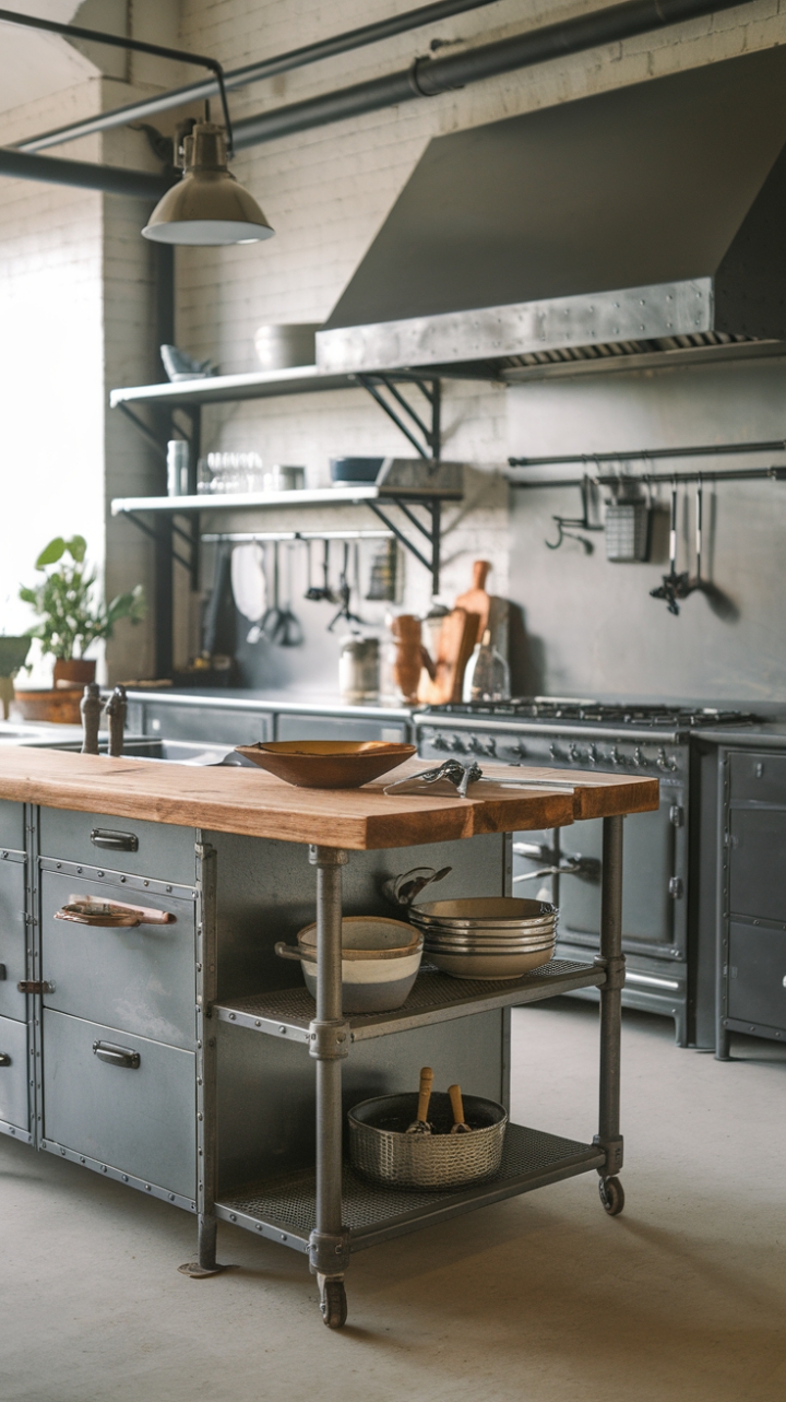 Ready to fall head-over-heels for this rustic-industrial dream kitchen? A vintage-inspired metal island, complete with exposed pipes and a reclaimed wood countertop, anchors the space, its aged charm perfectly complemented by sleek steel cabinetry and a striking steel hood. The subtle details—a simple bowl, a worn wooden spoon—add warmth and personality, proving that even the most industrial spaces can be incredibly inviting.