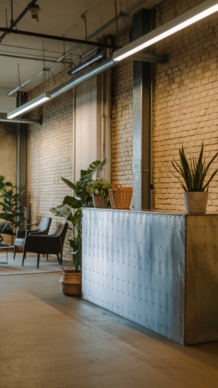 Ready to revamp your workspace? This industrial-chic reception area boasts a raw, yet refined aesthetic. Exposed brick, gleaming metal, and pops of greenery create a dynamic and inviting atmosphere. The perfect blend of form and function.