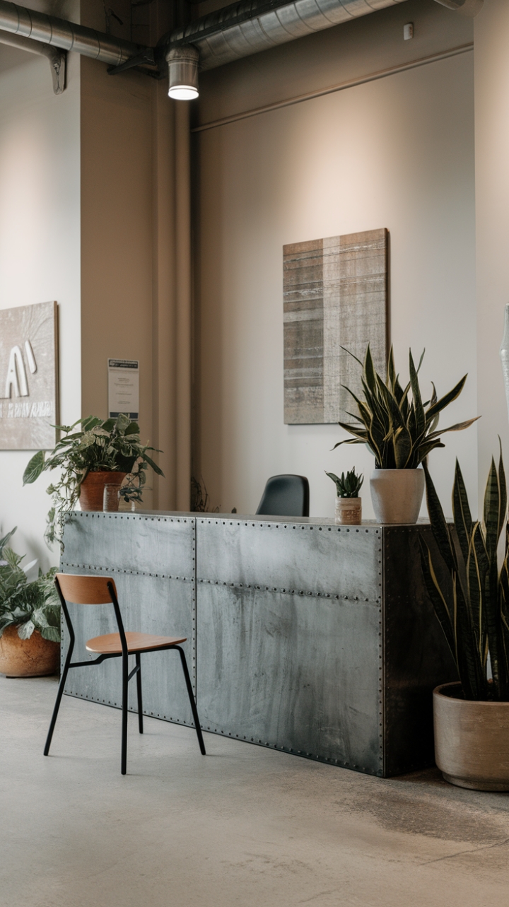 Raw industrial chic meets modern minimalism in this breathtaking lobby. The metallic reception desk, punctuated by verdant life, anchors the space, its stark lines softened by the inviting chair and bright, airy ambiance. Concrete floors and crisp white walls complete the sophisticated yet unpretentious design.