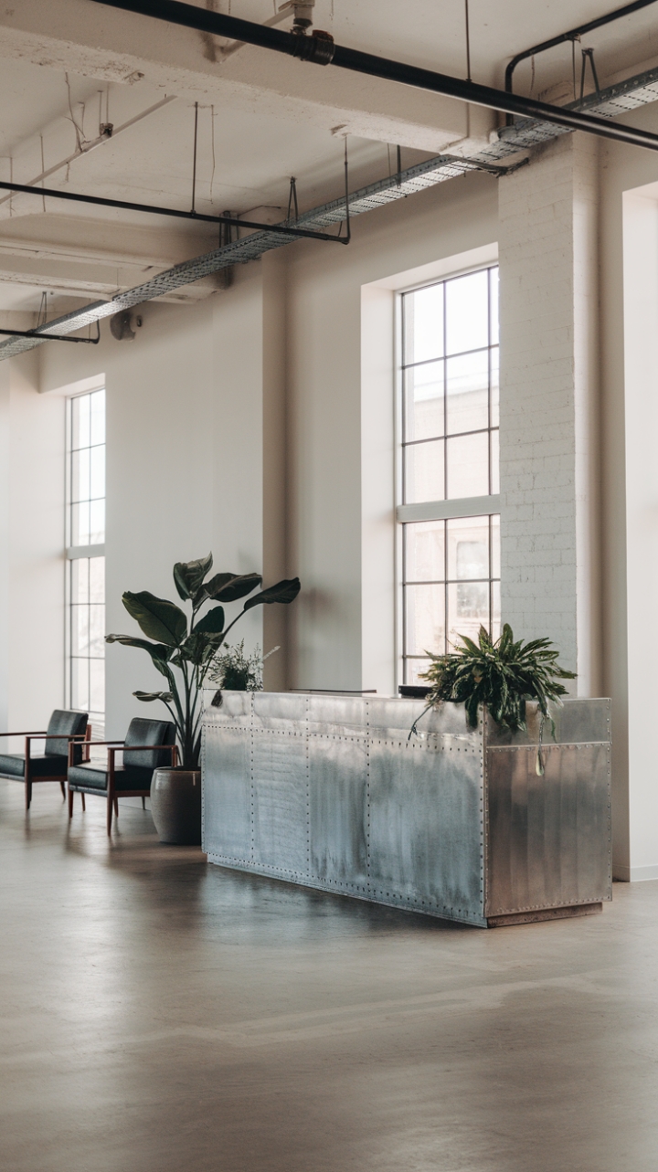 Raw industrial chic meets minimalist serenity. A metal reception desk, punctuated by verdant life, anchors this sun-drenched lobby, its exposed beams and concrete floor a testament to urban cool. The perfect blend of form and function.