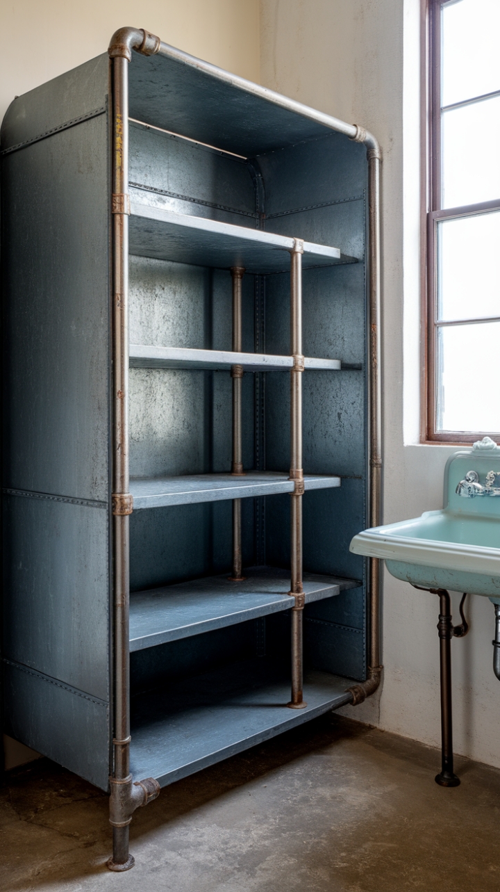 Raw industrial style meets refined bathroom design. This bespoke pipe closet, a testament to repurposed beauty, adds a layer of gritty sophistication. Its sturdy metal frame and simple shelving create a functional yet visually stunning focal point, perfectly at home amidst the vintage sink and concrete flooring. A touch of urban edge for the modern minimalist.