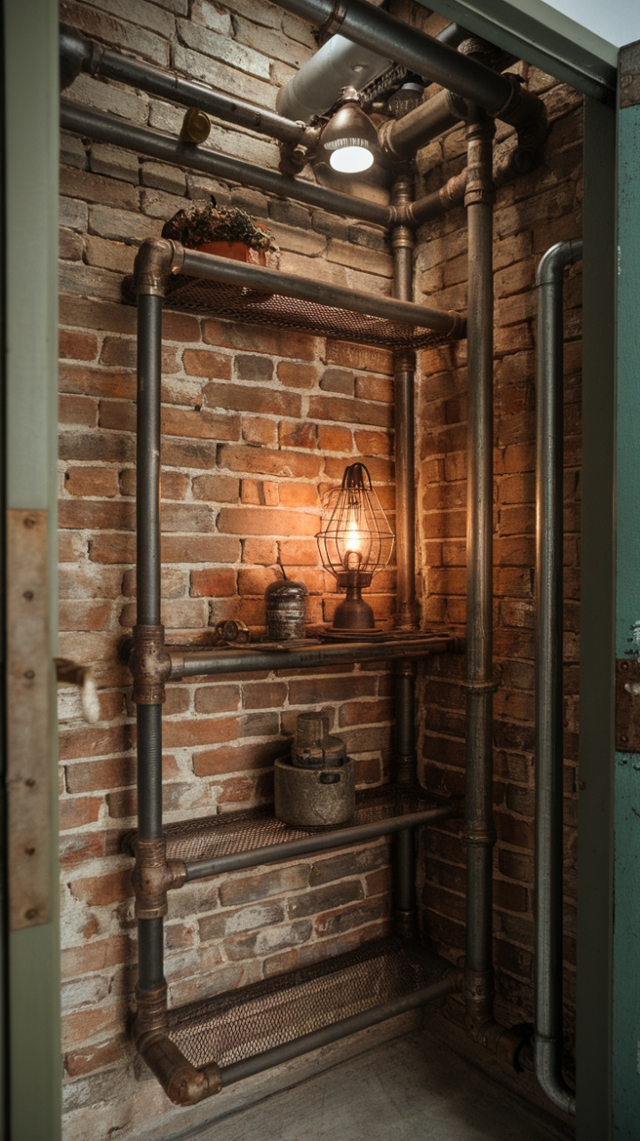 Obsessed with industrial chic? This isn't just storage; it's a work of art. Crafted from repurposed metal pipes, this shelving unit boasts a unique blend of rugged texture and refined design. Against a backdrop of exposed brick, the vintage accents—a whimsical lamp, a touch of greenery—add a layer of unexpected sophistication. Prepare to be captivated by its raw, romantic beauty.
