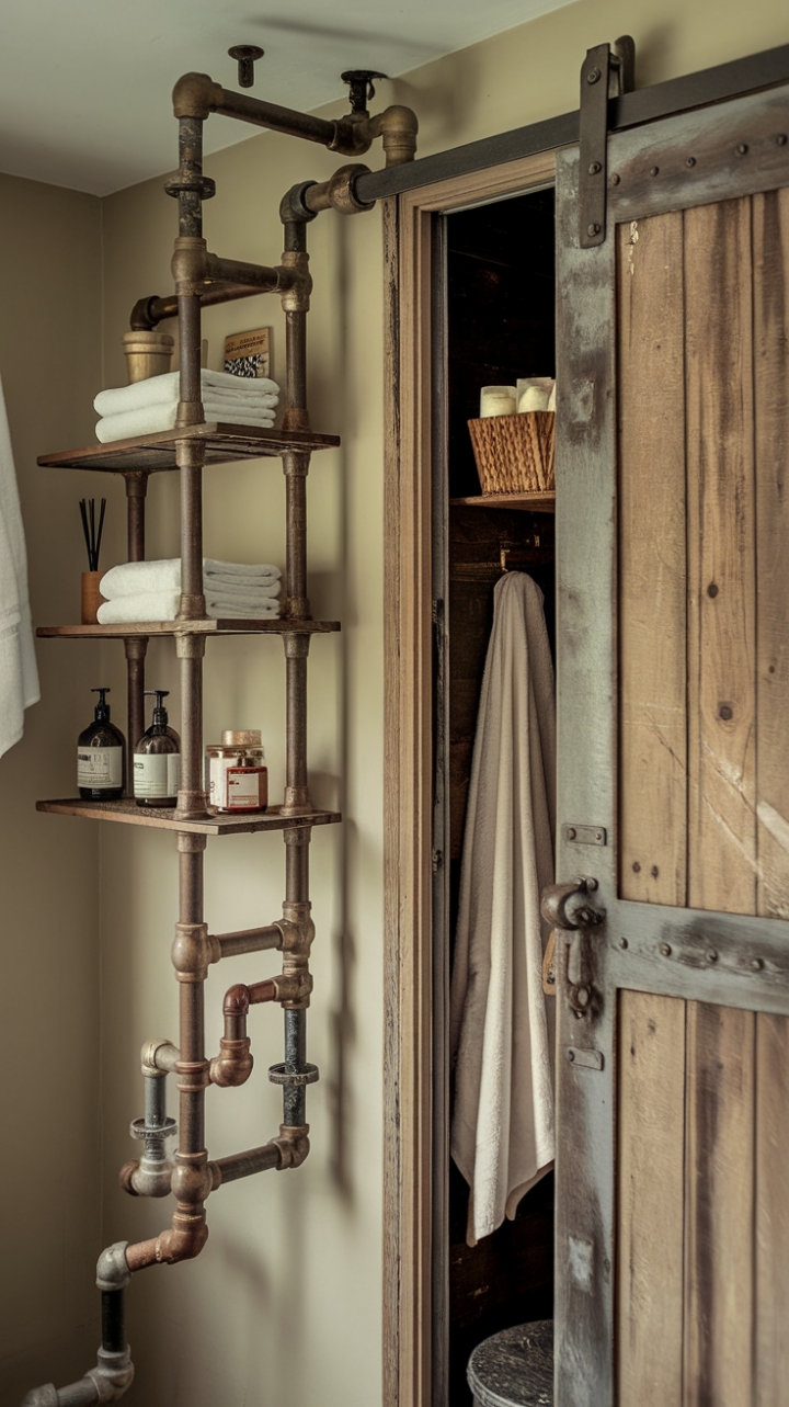 Raw industrial chic meets vintage charm in this breathtaking bathroom. Exposed pipes are repurposed into functional shelving and a stylish closet, creating a space that's both practical and visually stunning. The aged wooden door and beige walls provide a warm contrast to the cool metal, resulting in a truly captivating and uniquely personal retreat.