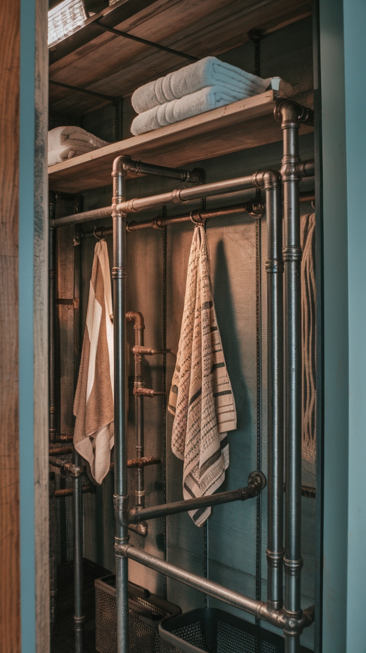 Raw, reclaimed, and utterly captivating—this steampunk-inspired bathroom closet redefines storage. Metal pipes, meticulously crafted into shelving and cabinetry, showcase a rugged elegance. The vintage aesthetic is softened by the plush towels, creating a surprisingly cozy and stylish retreat.