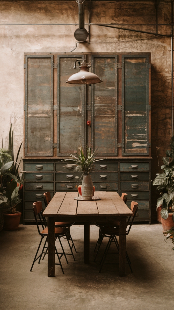 Raw concrete floors and a vintage industrial cabinet create a captivating backdrop for this inviting dining area. The warmth of the large wooden table and the soft glow of the vintage lighting soften the industrial aesthetic, creating a space that's both stylish and comfortable. A touch of greenery completes the perfectly balanced design.