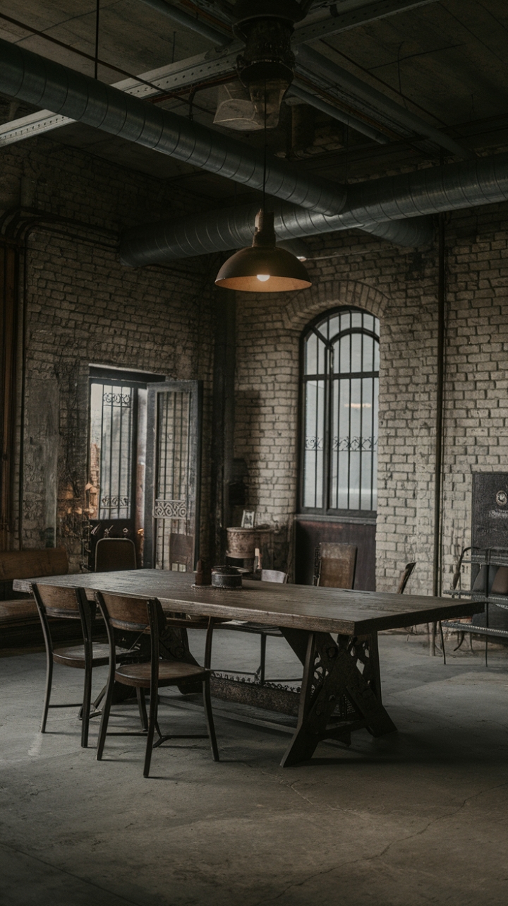 Unleash your inner urbanite in this raw, captivating space. Exposed brick, aged wood, and the glint of industrial metal create a moody haven where vintage charm meets rugged sophistication. The centerpiece? A substantial wooden table, perfect for intimate gatherings bathed in the warm glow of a timeworn pendant lamp. Concrete floors and iron-barred windows complete the scene, a testament to reclaimed beauty and timeless style.