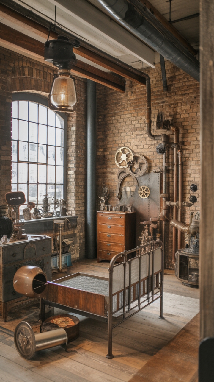 Ready to rediscover the romance of reclaimed history? This vintage industrial haven, bathed in natural light from a generous window, whispers tales of bygone eras. Exposed brick, weathered wood beams, and a stunning antique metal bed take center stage, complemented by a vintage dresser and an array of intriguing industrial artifacts – gears, pipes, and a softly glowing lantern – all contributing to a captivating rustic-industrial aesthetic.