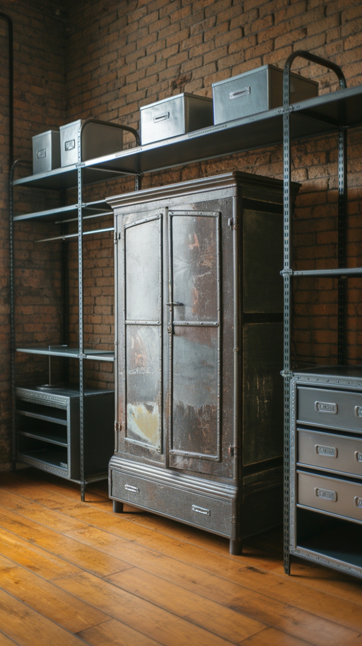 Urban style meets functional design in this breathtaking loft closet. A vintage metal wardrobe takes center stage, surrounded by sleek steel cabinets and utilitarian storage, creating a space that's both stylish and incredibly practical. The exposed brick adds a touch of raw, industrial cool.