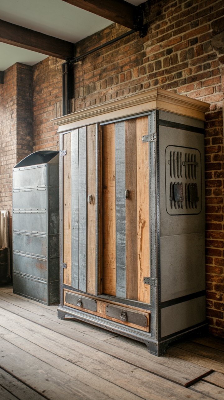 Imagine this: a reclaimed wood and metal wardrobe, a testament to time and craftsmanship, standing proudly against exposed brick in your industrial-chic sanctuary. The aged wood's rich texture and the metal's cool contrast create a captivating focal point, beautifully enhanced by wide-plank flooring and a matching metal storage unit.