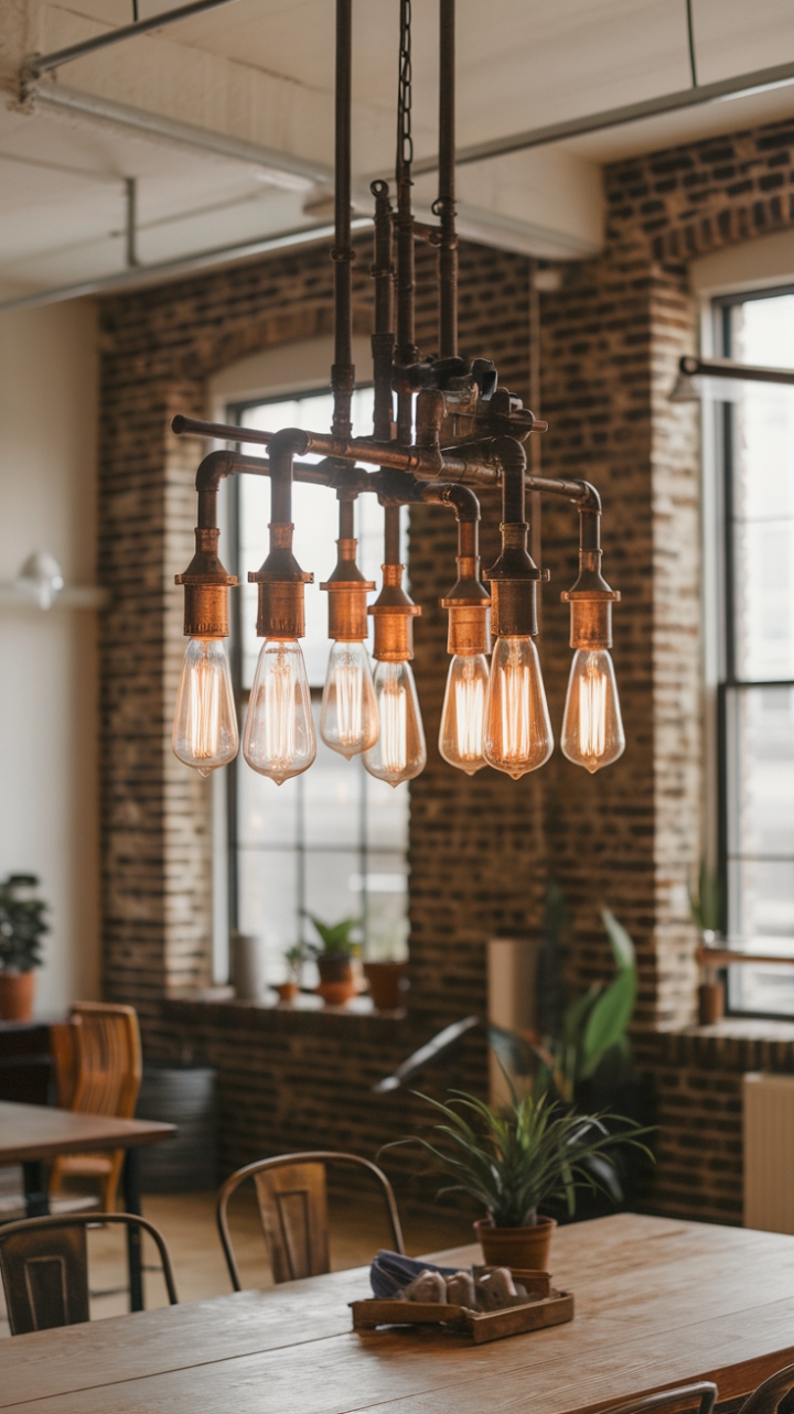 Exposed brick whispers stories of the past, while a striking industrial chandelier commands attention in this captivating loft. The warm lighting enhances the rustic wooden table and chairs, creating a space that's both beautifully functional and undeniably cool.