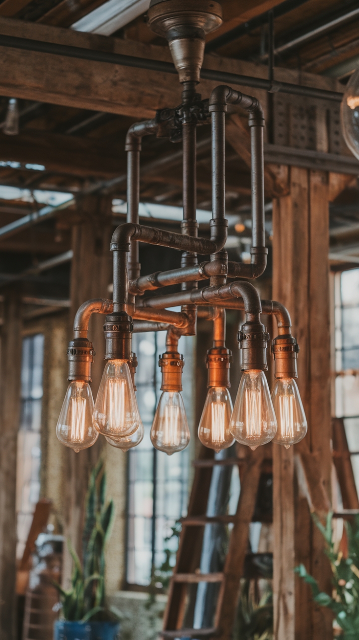 Unleash your inner Edison with this raw, vintage industrial chandelier. Its exposed bulbs cast a warm, inviting glow against the backdrop of rustic wood beams and lush greenery, creating a space that's both stylish and undeniably cool. The perfect blend of old-world charm and modern edge.