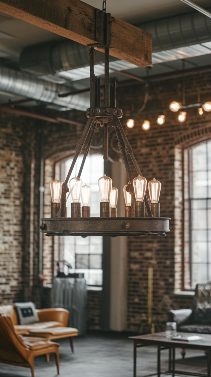 A vintage industrial chandelier, its aged metal a testament to time, takes center stage in this breathtaking loft. Suspended from a weathered beam, it illuminates exposed brick walls and thoughtfully chosen furniture, crafting a space that's both beautifully lived-in and undeniably stylish.