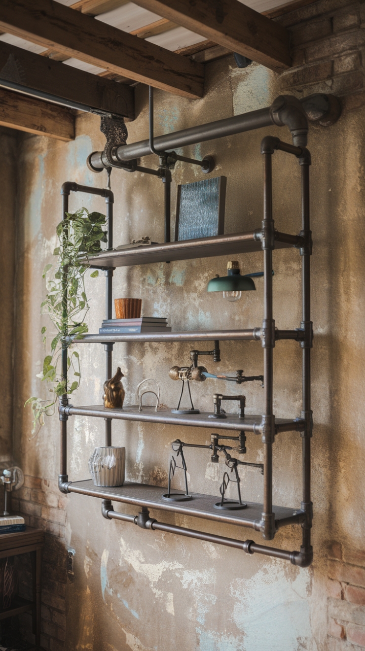 Raw industrial style meets cozy comfort. This multi-tiered pipe shelf, mounted against a textured brick wall, showcases a perfectly imperfect display of greenery, lighting, and treasured finds. The result? A space brimming with character and personality.