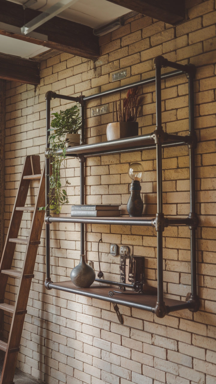 Raw industrial chic meets rustic charm in this captivating corner. A three-tiered pipe shelf, brimming with personality, anchors the space. Notice the thoughtful details: a thriving plant, a warm lamplight, and the textural contrast of brick and wood. This isn't just storage; it's a statement.