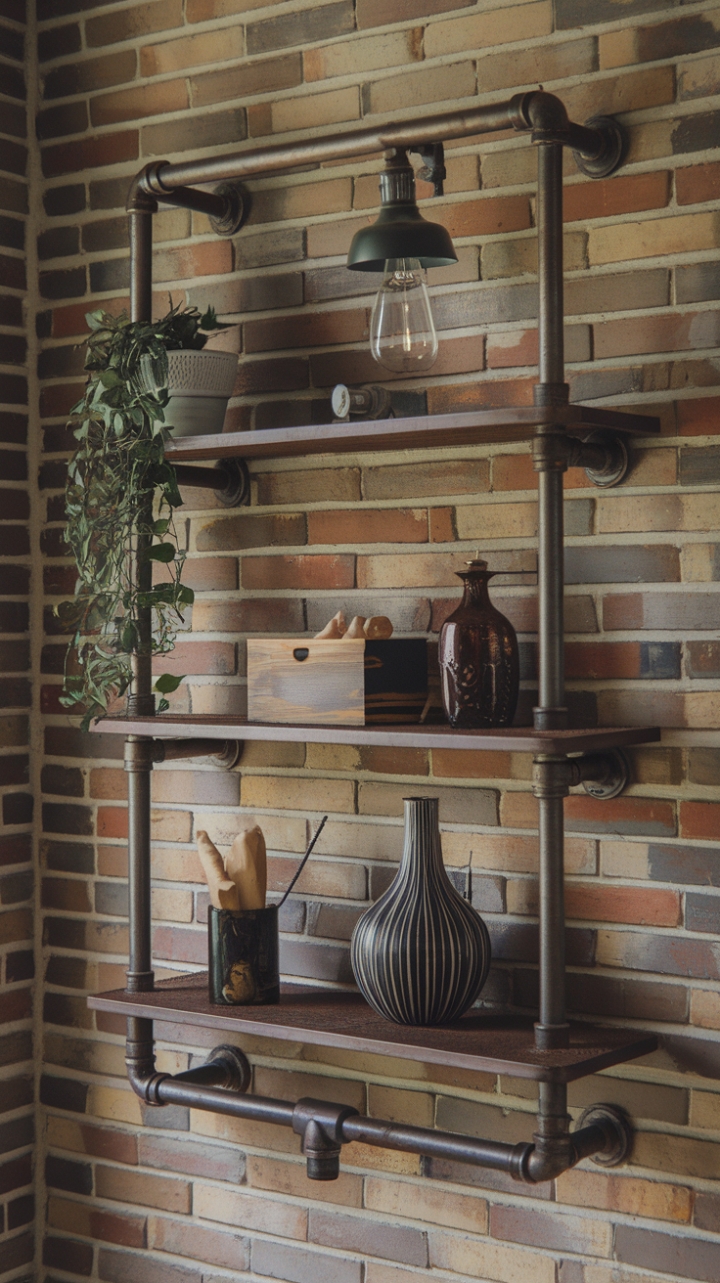 Raw industrial style meets refined living. This three-tiered pipe shelf, mounted against a textured brick wall, showcases the beauty of repurposed materials. Display your favorite finds – from lush greenery to cherished keepsakes – and transform a blank wall into a dynamic focal point. The perfect blend of rugged charm and modern functionality.