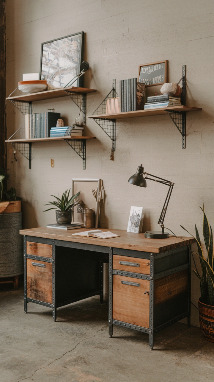 Raw industrial chic meets vintage charm in this loft workspace. Reclaimed wood and metal blend seamlessly, creating a dynamic backdrop for focused creativity. The concrete floor grounds the space, while pops of greenery and carefully curated books add a touch of personality.