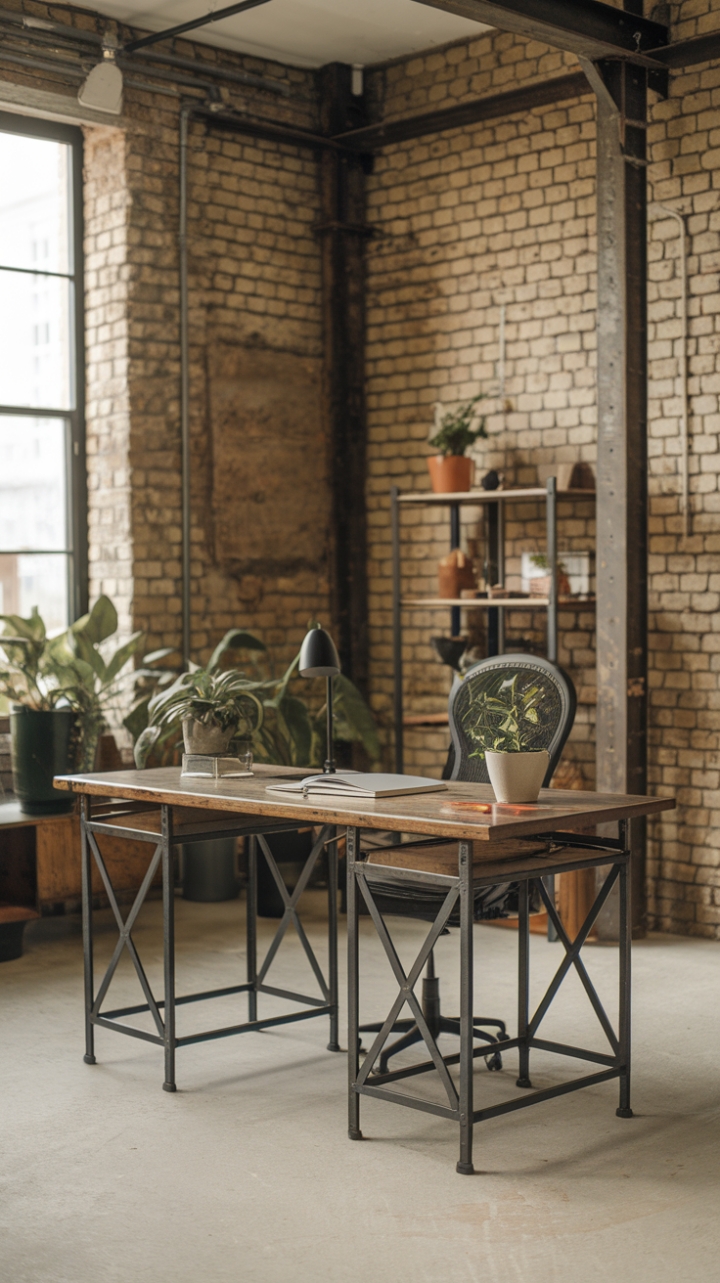 Craving a workspace that's both stylish and functional? This image showcases a stunning vintage industrial desk, its reclaimed wood surface a beautiful contrast to its sleek metal frame. Set against a backdrop of exposed brick and steel beams, this minimalist haven is a testament to the power of industrial chic. A few carefully chosen plants and a simple lamp complete the look, creating a space that's as inspiring as it is inviting.
