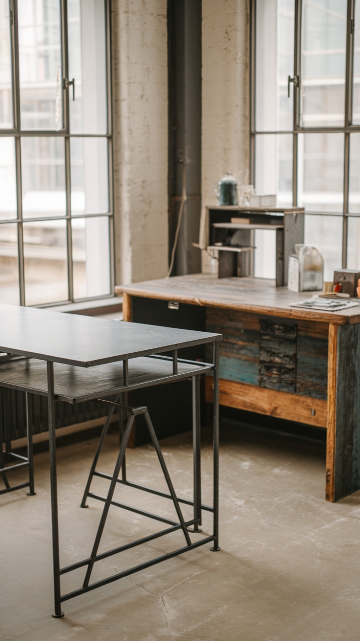 Craving a workspace that's both stylish and functional? This image showcases the perfect blend of industrial chic and rustic charm. A sleek metal desk finds its counterpart in a richly textured reclaimed wood desk, creating a dynamic and inspiring atmosphere. The juxtaposition of materials and the vintage vibe make this the ultimate statement in factory-inspired design.