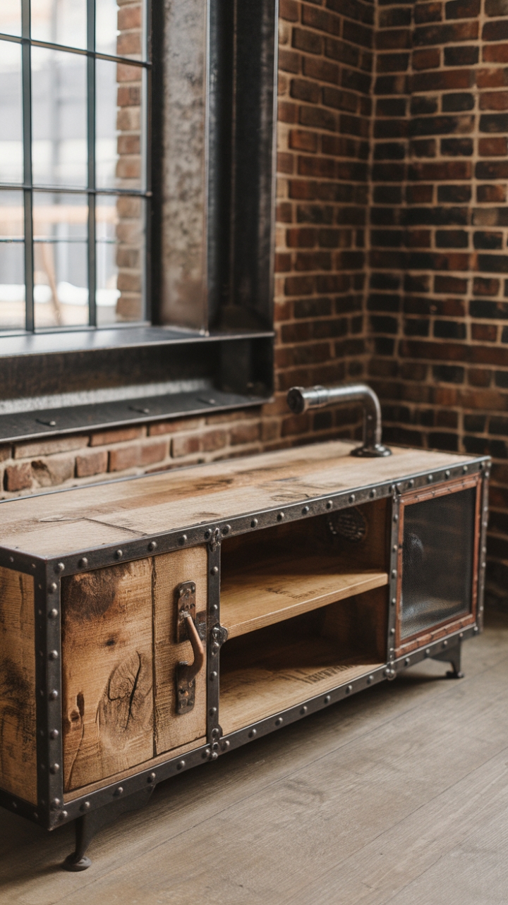 Ready to infuse your space with raw, rustic charm? This vintage industrial TV stand, a masterpiece of distressed wood and gleaming metal, is the perfect blend of rugged and refined. Its visible wood grain and knots whisper tales of time, while the pipe shelf and metal accents add a touch of modern edge. Imagine it nestled against exposed brick, the perfect anchor for your loft-inspired haven.
