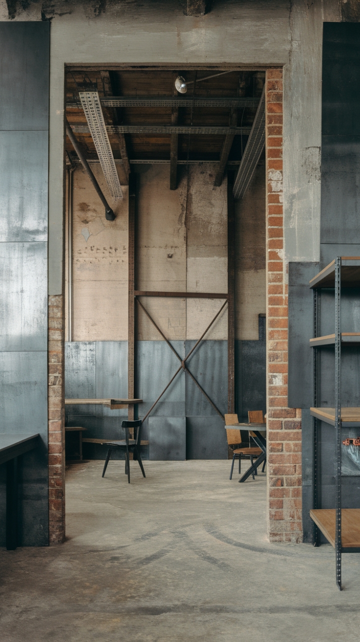 Craving a space that's both edgy and inviting? This industrial haven features a captivating interplay of concrete, exposed brick, and metal, creating a truly unique atmosphere. A glimpse of the underlying metal structure adds an element of surprise, while the simple wooden furniture grounds the raw aesthetic.
