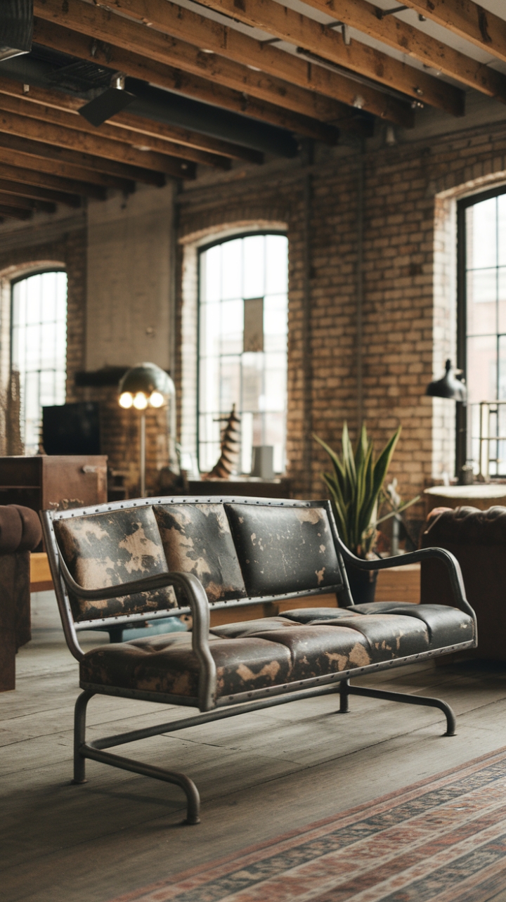 Reclaimed and reimagined. A vintage industrial sofa takes center stage in this minimalist loft, its weathered upholstery and robust metal frame a testament to enduring style. The exposed brick and wood-plank ceiling provide the perfect backdrop for this urban sanctuary, where industrial chic meets understated elegance.