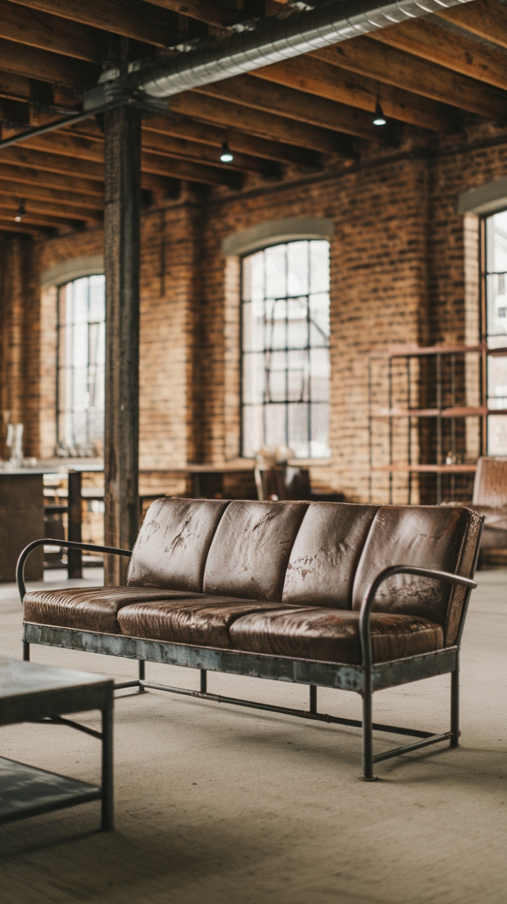 Imagine sinking into this incredibly stylish vintage industrial sofa, its worn patina whispering tales of bygone eras. The exposed brick and rustic wood beams of this loft setting provide the ideal backdrop for this statement piece, creating a space that's both undeniably cool and surprisingly cozy. The factory-inspired aesthetic is complete with carefully chosen industrial-style furniture, resulting in a design that's both bold and inviting.