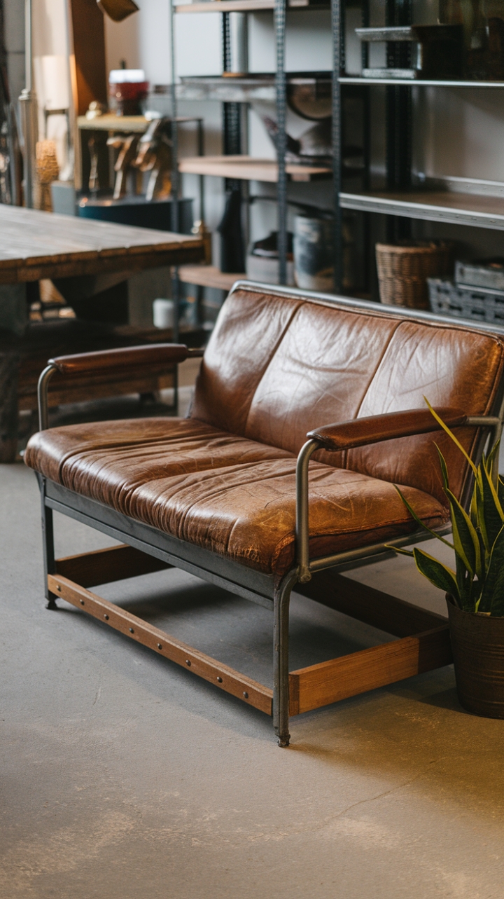 Ready to infuse your space with raw, urban cool? This vintage industrial sofa, a masterpiece of distressed brown leather and exposed metal, commands attention. The visible nail heads on its wooden frame whisper tales of bygone eras, while the concrete floor and accompanying industrial accents create a symphony of rugged sophistication. A touch of greenery softens the hard edges, proving that even the most industrial spaces can bloom.