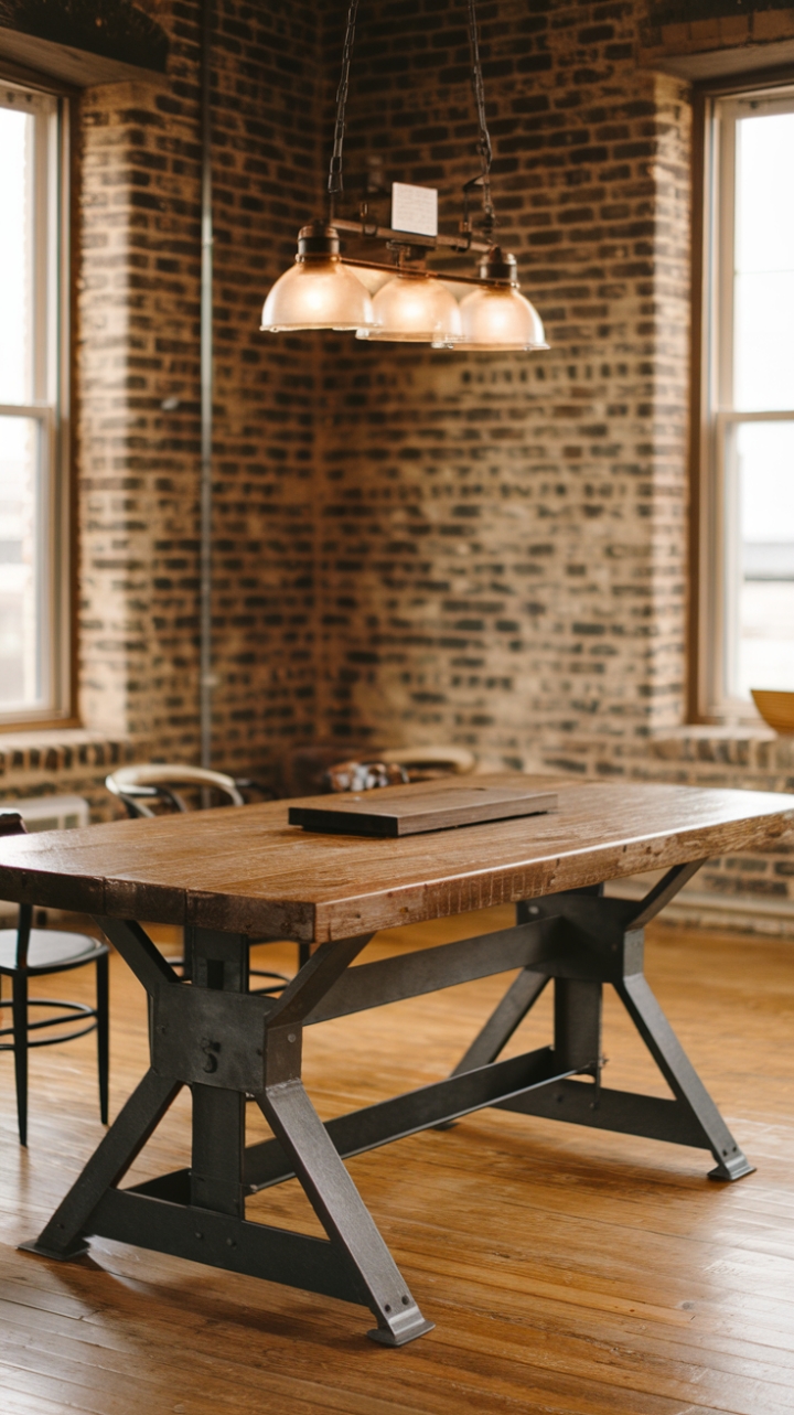 The perfect blend of rugged charm and urban chic, this loft-style dining area showcases a handcrafted table of reclaimed wood and steel. Warm lighting and exposed brick walls add character, promising unforgettable gatherings.