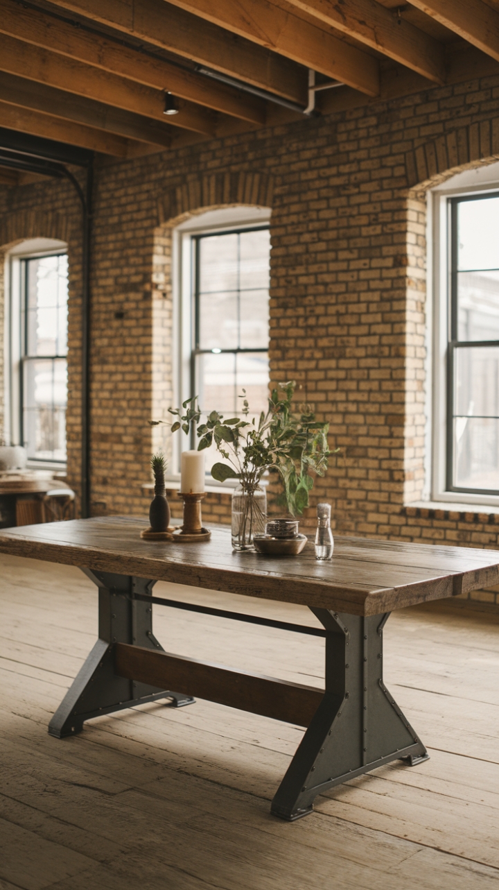 A symphony of textures and tones: this rustic farmhouse table, built from reclaimed wood and sturdy steel, anchors a loft space with exposed brick and warm wood ceilings. The table's worn patina speaks to a history of shared meals and cherished moments, promising many more to come.