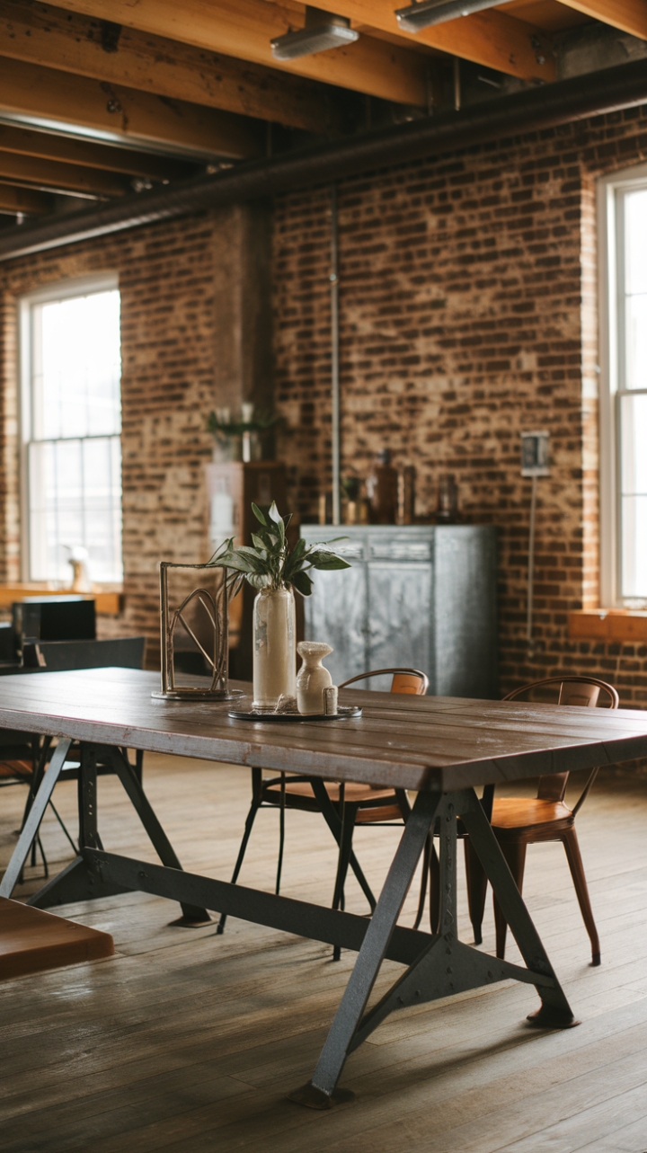Raw industrial textures and vintage farmhouse style collide in perfect harmony. A substantial dark wood dining table, grounded by striking metal legs, commands attention in this loft setting. The exposed brick and wooden ceiling create a backdrop of rustic warmth, while the metal cabinet adds a touch of utilitarian chic.