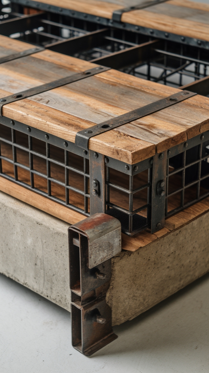 Craving a coffee table that's as unique as you are? This rustic beauty boasts a weathered wooden top, resting on a striking black metal grid frame and a solid concrete base. Its vintage-industrial aesthetic is a guaranteed conversation starter, blending seamlessly into any space that appreciates raw, authentic style.